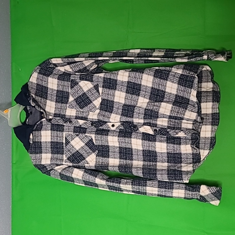 Rugby University Casual Button Down Flannel Shirt Mens Size M Hooded Blue Plaid